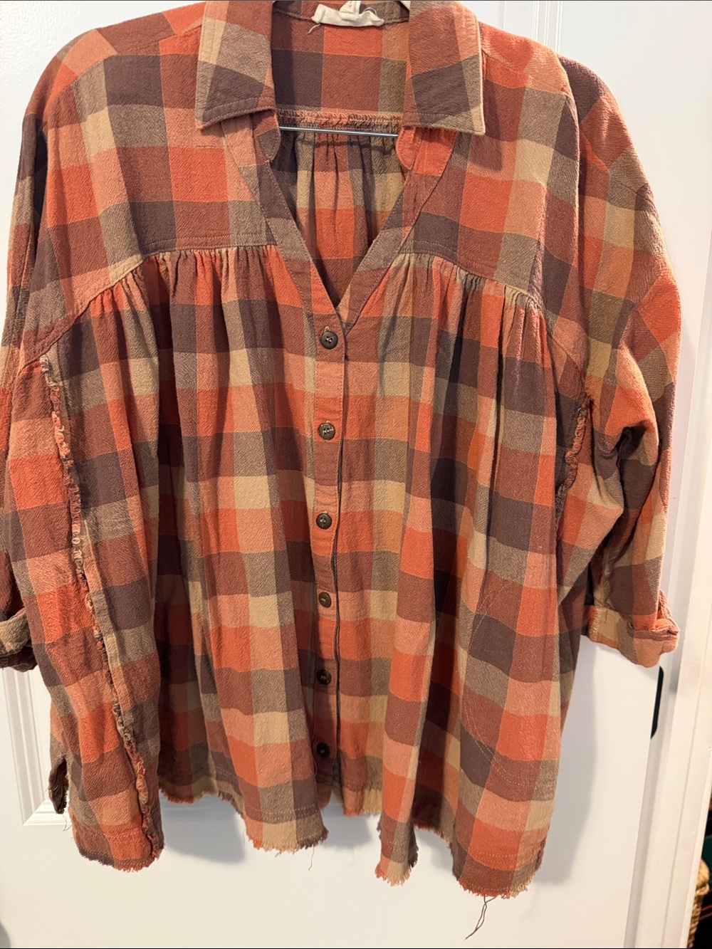 easel Plaid Button-Front Top in Orange, Brown and Cream